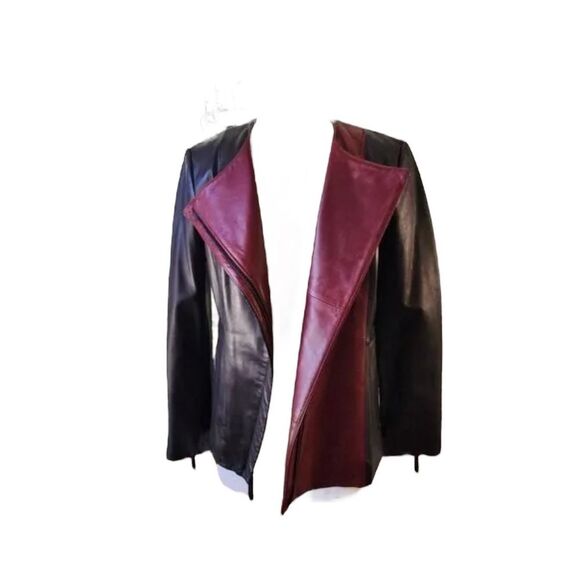 100% Lamb Skin Black/Dark Red Moto Jacket Size 2X - Picture 4 of 10